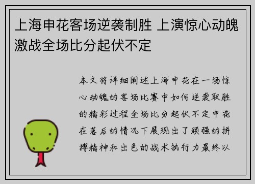 上海申花客场逆袭制胜 上演惊心动魄激战全场比分起伏不定