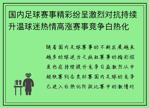 国内足球赛事精彩纷呈激烈对抗持续升温球迷热情高涨赛事竞争白热化