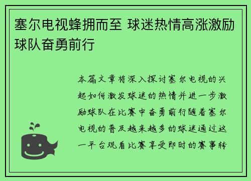 塞尔电视蜂拥而至 球迷热情高涨激励球队奋勇前行