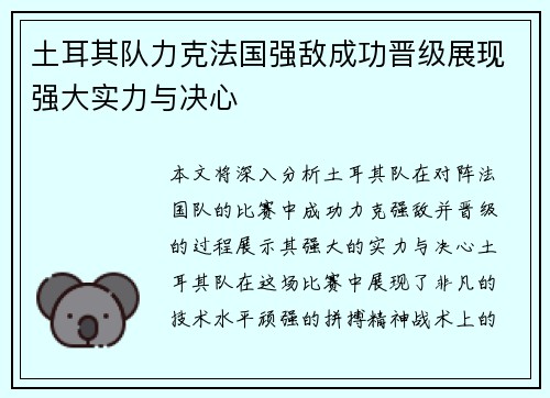 土耳其队力克法国强敌成功晋级展现强大实力与决心