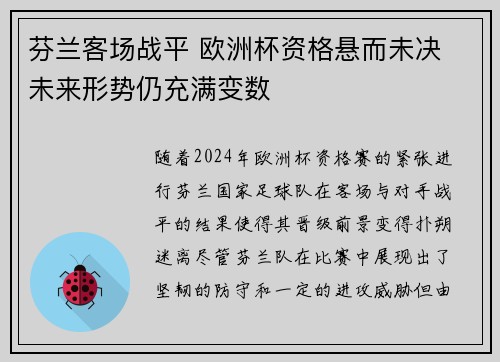 芬兰客场战平 欧洲杯资格悬而未决 未来形势仍充满变数