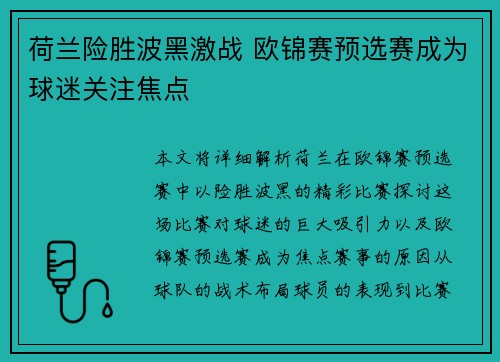 荷兰险胜波黑激战 欧锦赛预选赛成为球迷关注焦点