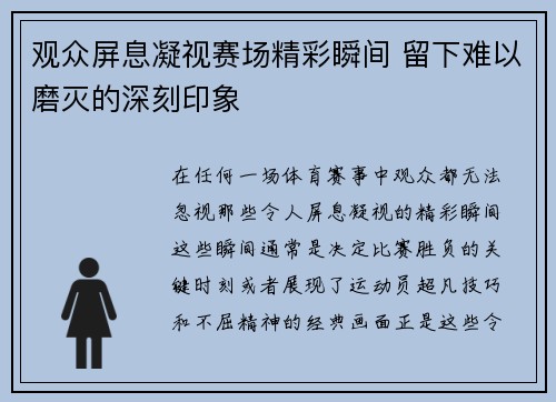 观众屏息凝视赛场精彩瞬间 留下难以磨灭的深刻印象