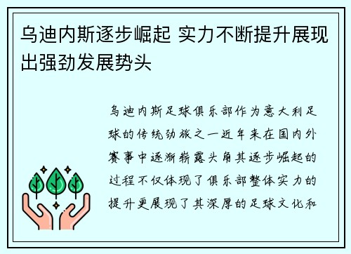 乌迪内斯逐步崛起 实力不断提升展现出强劲发展势头